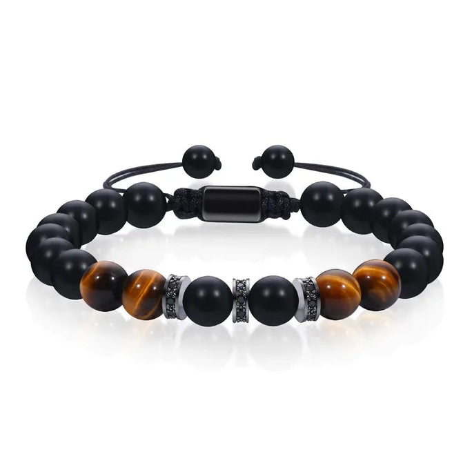 Férfi ásvány karkötő matt fekete ónix és tigrisszem gyöngyökkel, állítható zsinórral és cirkónia díszítéssel.