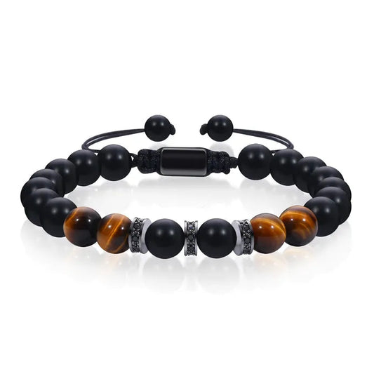 Férfi ásvány karkötő matt fekete ónix és tigrisszem gyöngyökkel, állítható zsinórral és cirkónia díszítéssel.