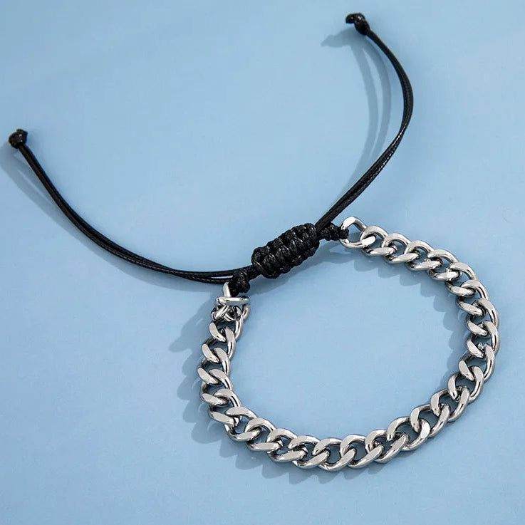 Férfi rozsdamentes acél láncos karkötő fekete állítható zsinórral