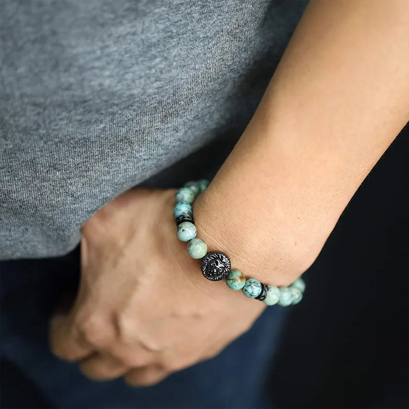 ROYAL LION - zöld jáspis ásvány karkötő oroszlán fejjel – állítható méretű férfi ékszer