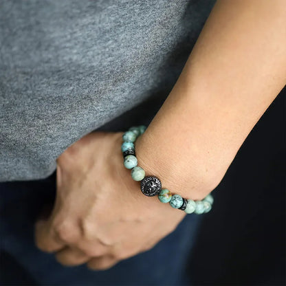 ROYAL LION - zöld jáspis ásvány karkötő oroszlán fejjel – állítható méretű férfi ékszer