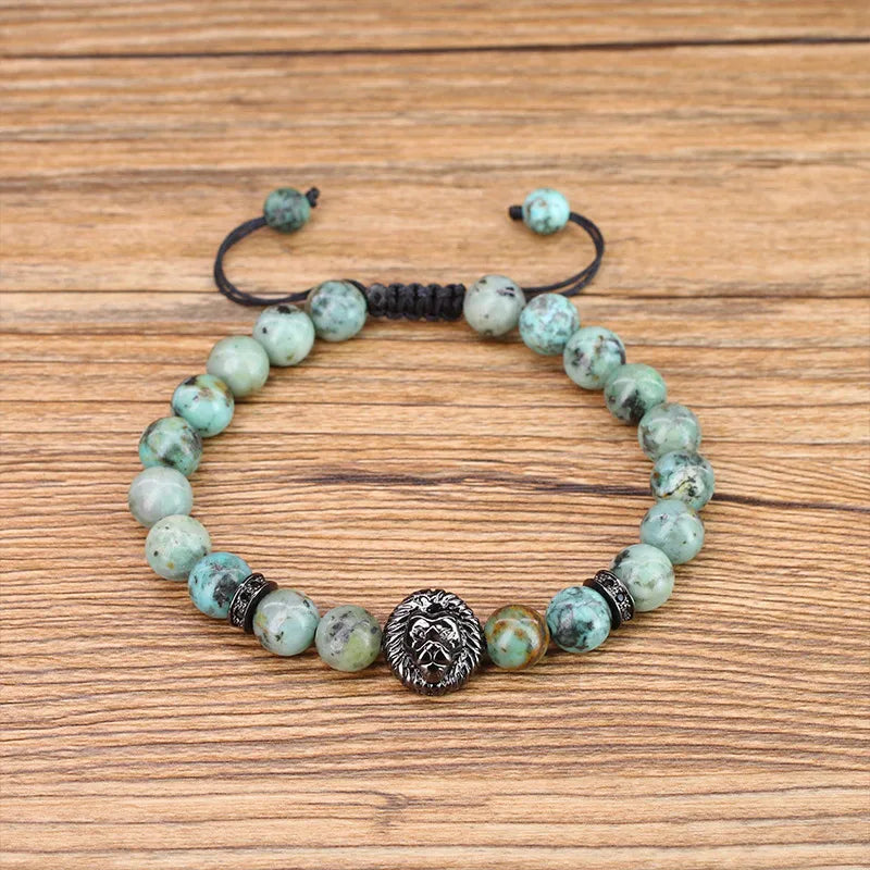 ROYAL LION - zöld jáspis ásvány karkötő oroszlán fejjel – állítható méretű férfi ékszer