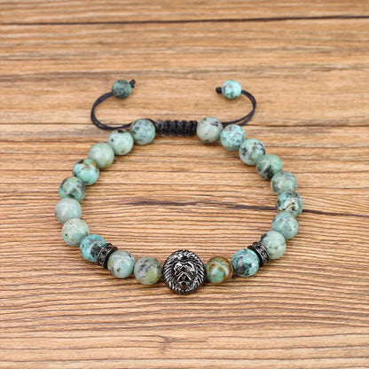 ROYAL LION - zöld jáspis ásvány karkötő oroszlán fejjel – állítható méretű férfi ékszer