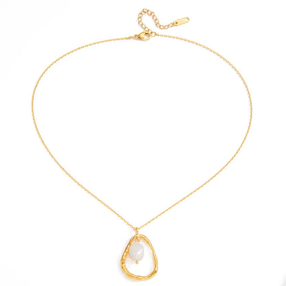 18K aranyozott nemesacél női nyaklánc szabálytalan formájú medállal és valódi édesvízi gyönggyel 45CM