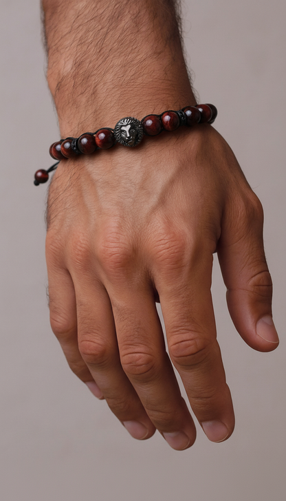 ROYAL LION - bordó tigrit ásvány karkötő oroszlán fejjel – állítható méretű férfi ékszer